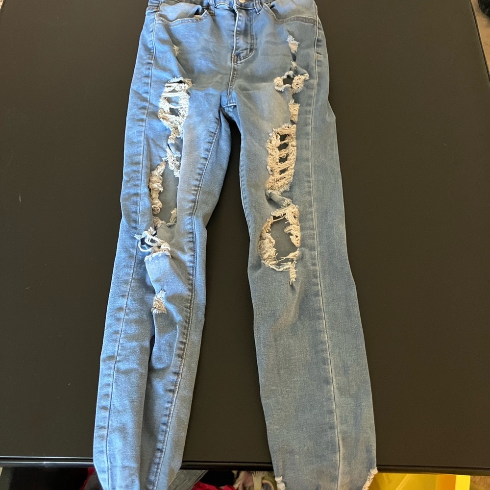 SHEIN Light Blue Distressed Skinny Jeans